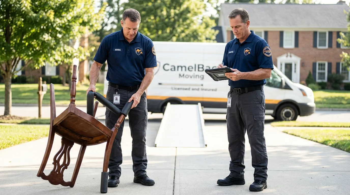 Movers inspecting furniture for damage prevention before loading in Morton, MS