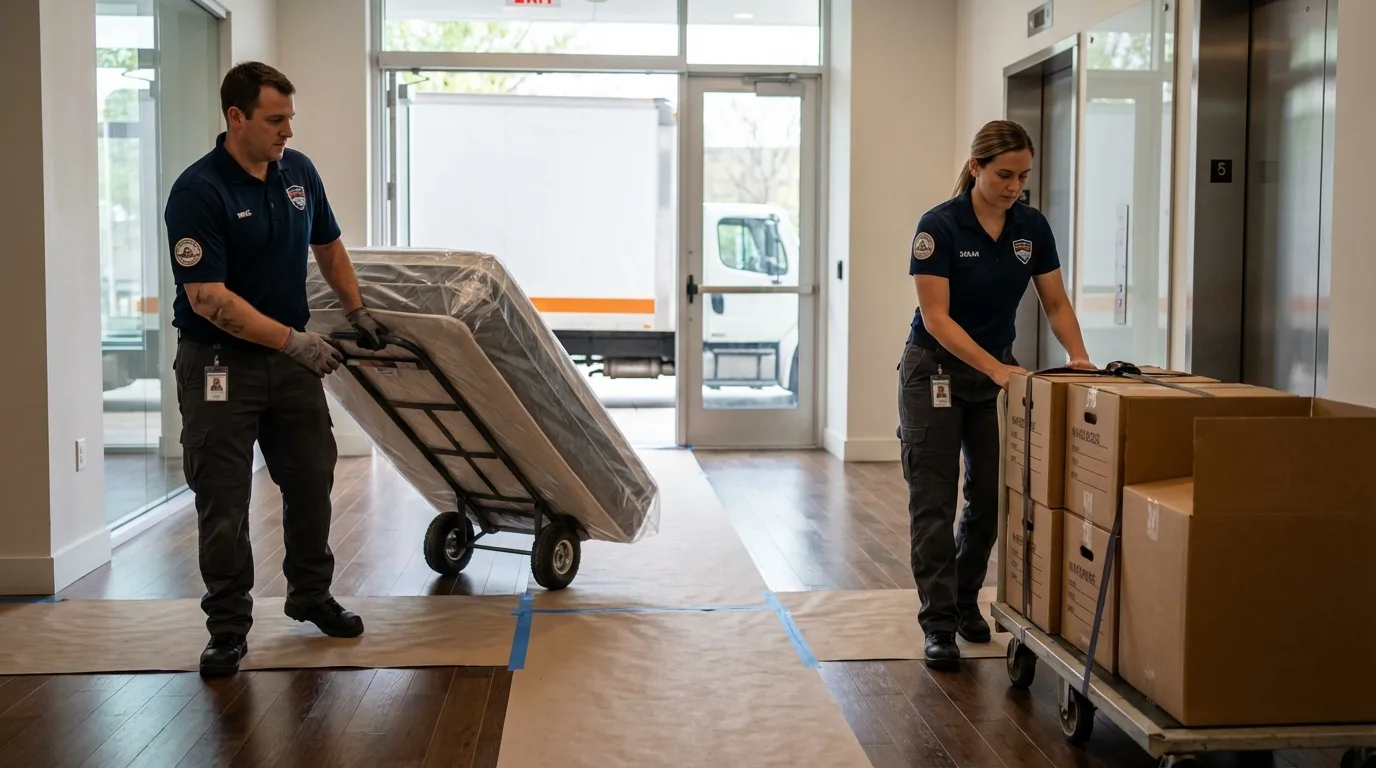 Professional apartment movers loading elevator in Morton, MS